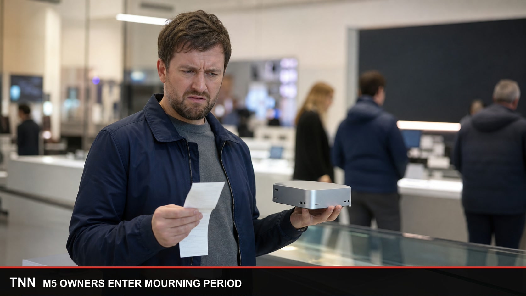 A computer shopper studies a receipt while holding a palm-sized compact desktop computer in an electronics store