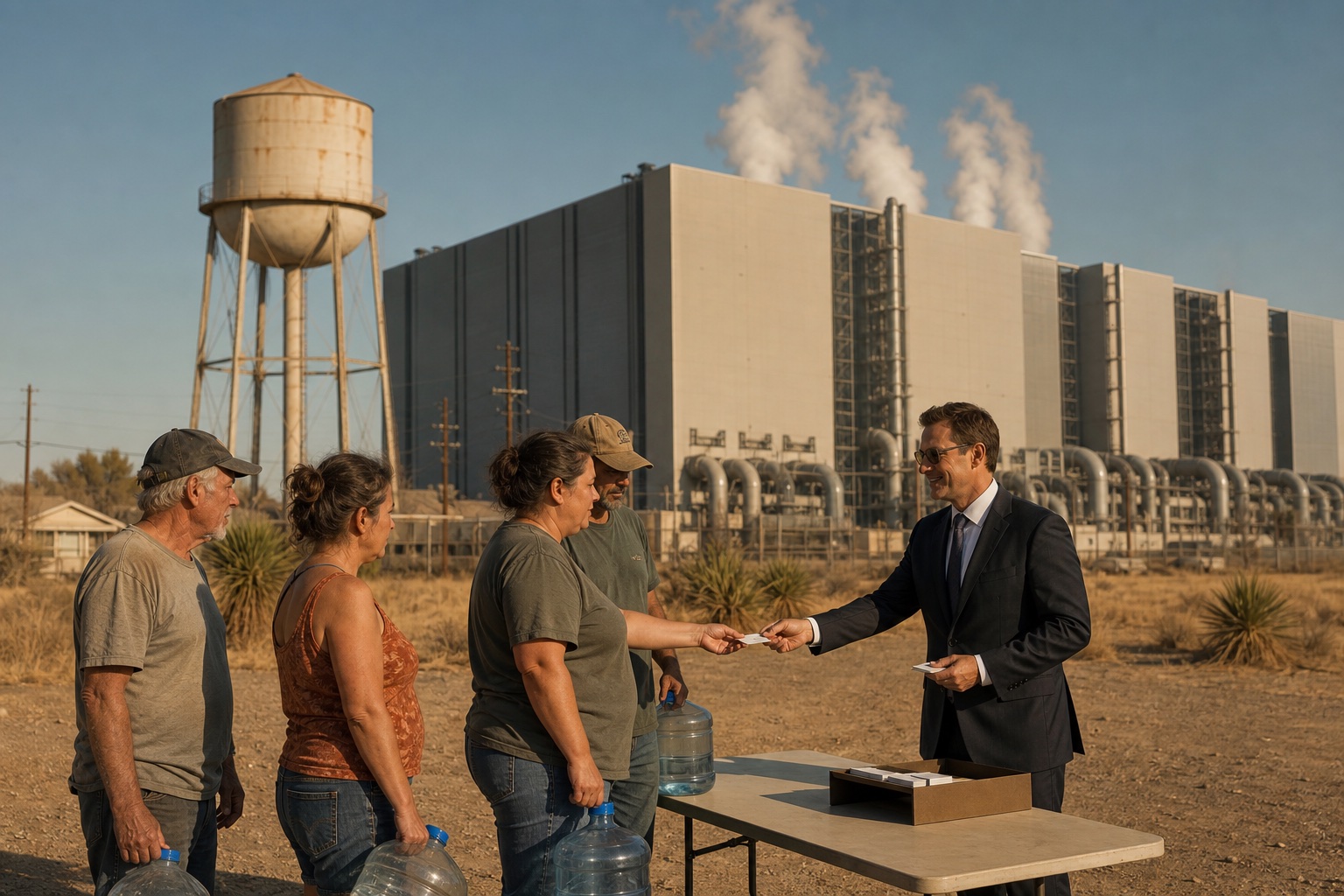 Residents with empty water containers face a large data center