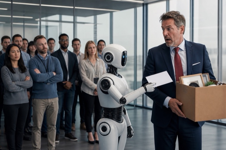 An office robot hands a termination letter to a surprised executive