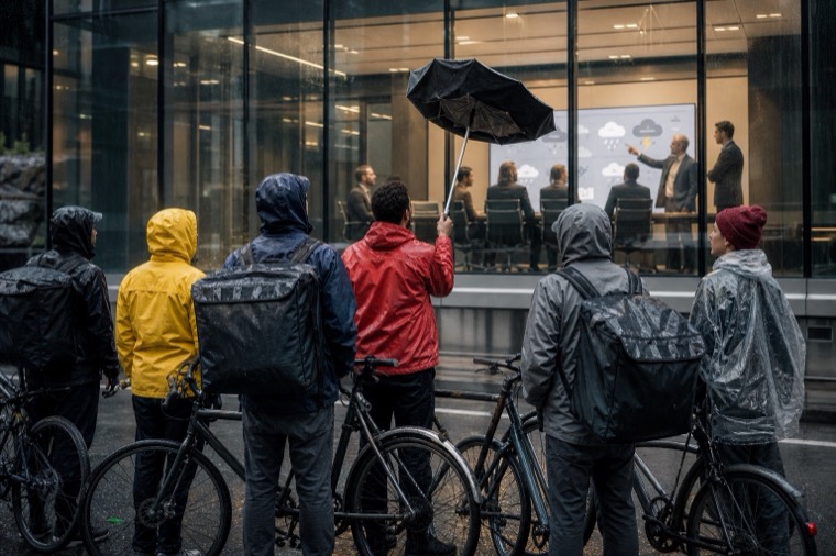 Delivery cyclists stand in the rain outside a technology company