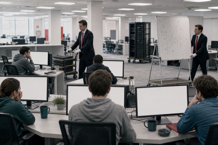 Consultants remove equipment from a software office as developers watch blank screens