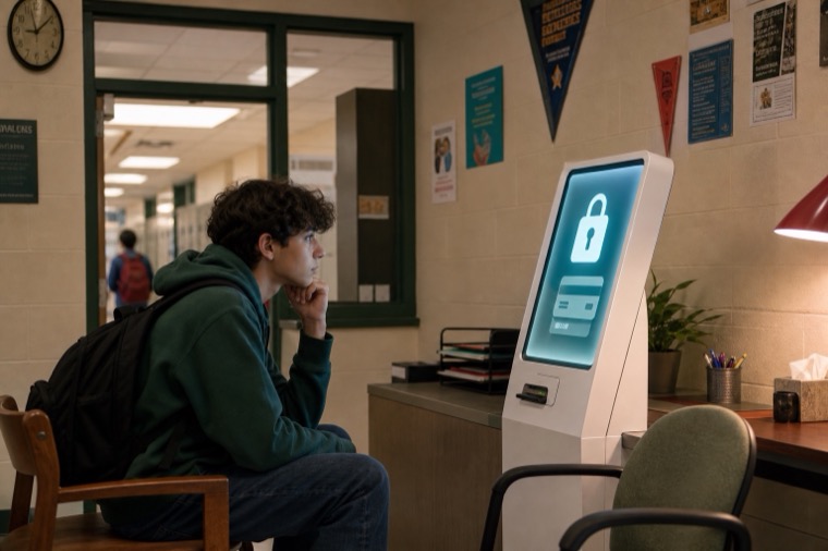 A student faces a locked chatbot kiosk in a school counselor's office